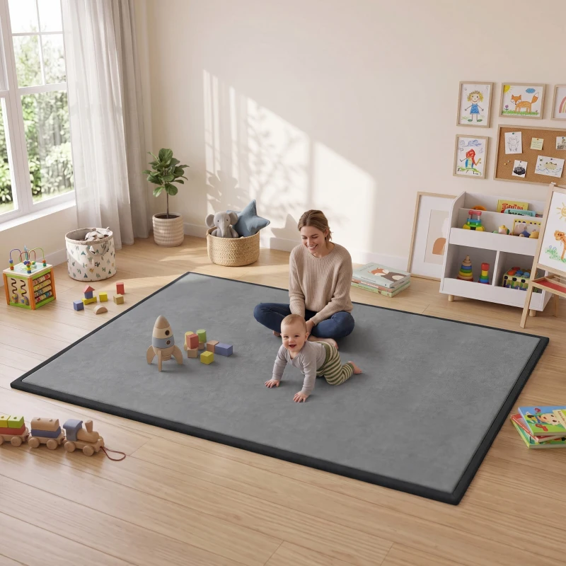 Qaba 1.2" Thick Baby Play Mat, 110" x 79" Playpen Mat, Non-Slip, Water-Resistant, Soft Flannel for Crawling, Dark Gray
