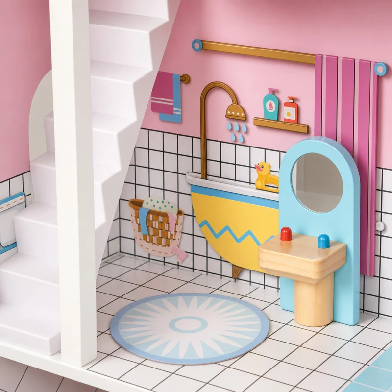 Qaba Wooden Doll House, Large 3-Storey Modern Dollhouse with 6 Rooms and 10 Accessories, for Girls Boys 3-6 Years, Pink