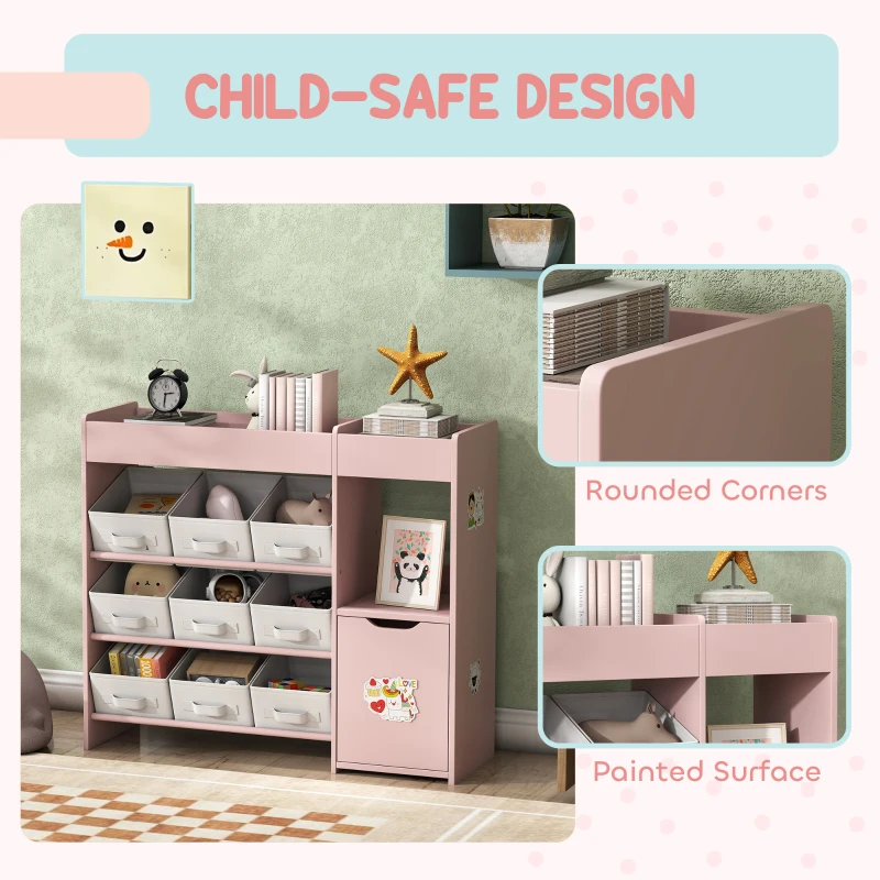 Qaba Toy Storage Organizer with 9 Non-Woven Fabric Boxes, Storage Cabinet & Shelves, for Kids Room, Nursery, Playroom Pink