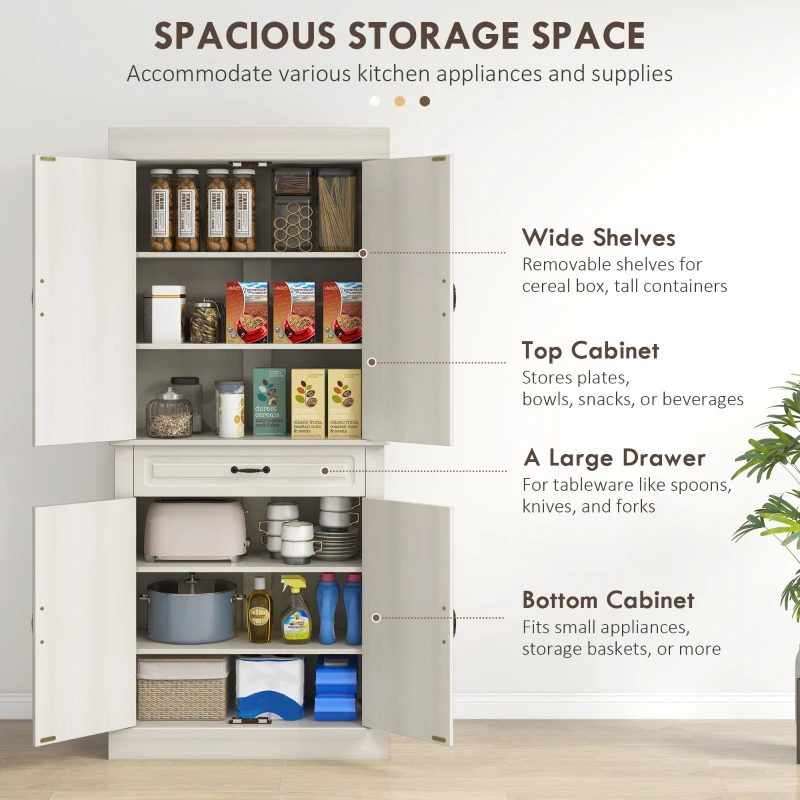 HOMCOM 71" Freestanding Kitchen Pantry Cabinet, Tall Storage Cabinet with 4 Doors and Drawer for Dining Room, White