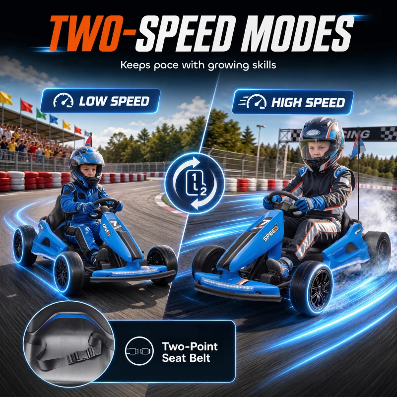Qaba 24V Electric Drift Go Kart for Kids with Dual Motors, Soft Start, PU Wheels, 7.5MPH High Speed, for Ages 6-14, Blue