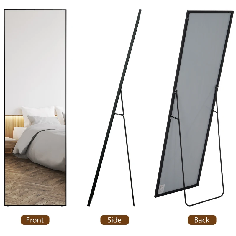 HOMCOM 64"x20" Full Length Mirror, Tempered Glass Floor Mirror with Stand, Standing, Hanging or Leaning Against Wall, Black