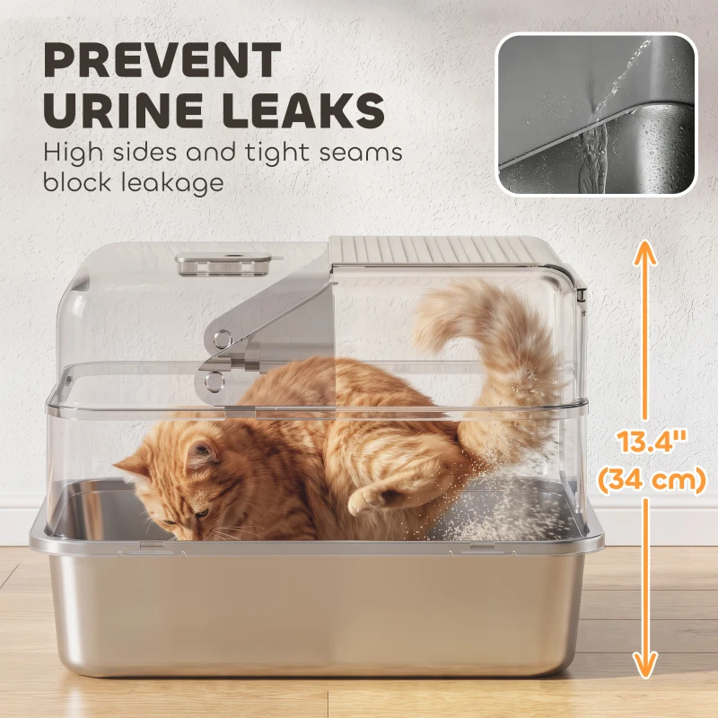 PawHut Stainless Steel Cat Litter Box with Lid, High Sided Enclosed Metal Litter Box w/ Scoop, Deodorization Bags for Cats