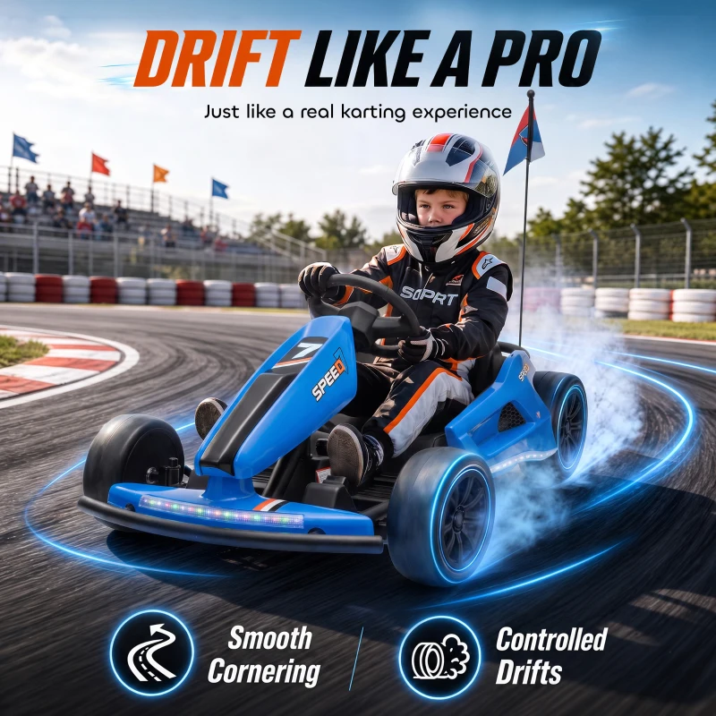 Qaba 24V Electric Drift Go Kart for Kids with Dual Motors, Soft Start, PU Wheels, 7.5MPH High Speed, for Ages 6-14, Blue