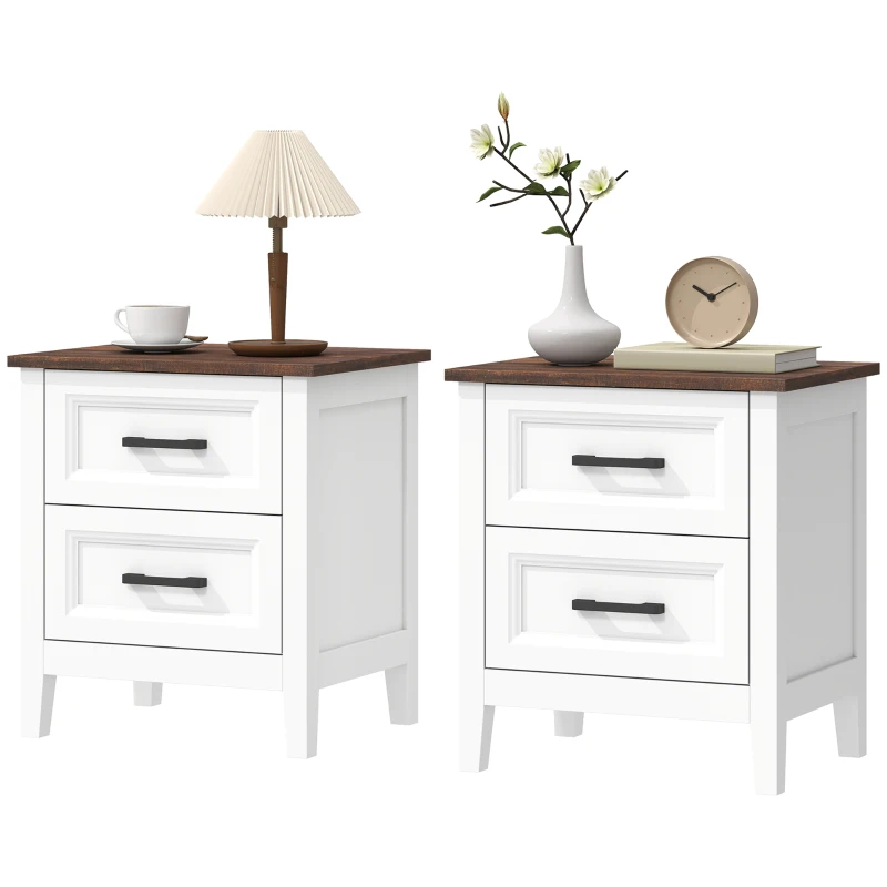HOMCOM Farmhouse Nightstand Set of 2, Bedside Tables with 2 Drawers, Wood-Effect Top, White