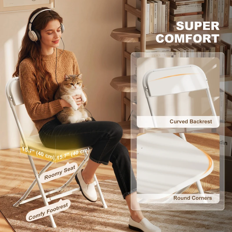 HOMCOM 4 Pack Folding Chairs with Drain Holes, Metal Frame, Portable Lightweight Chairs for Home, Office, White