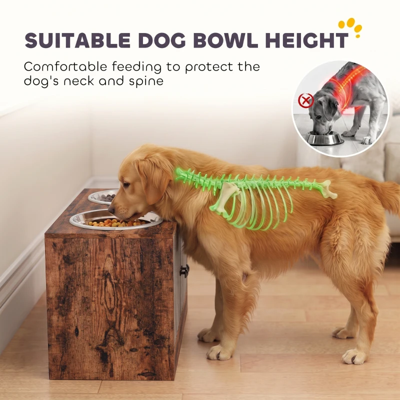 PawHut Raised Dog Bowls with Storage, Slow Feeder,  2 Stainless Steel Food and Water Bowl Non-Slip, Rustic Brown