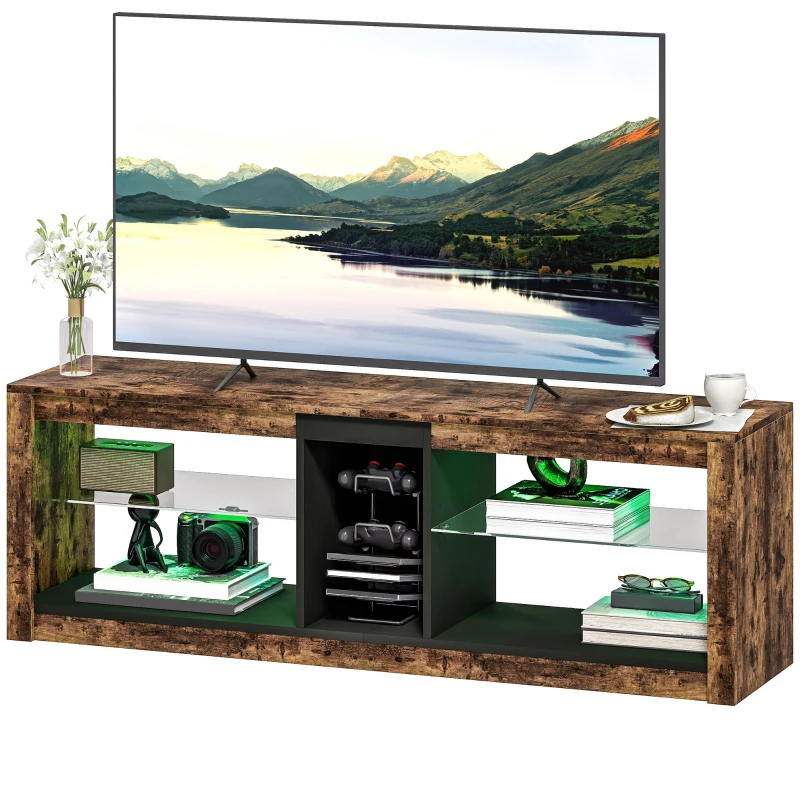 HOMCOM TV Stand Cabinet with LED Lights and Remote Control for TVs up to 65" with Storage Shelves and Compartment Rustic Brown