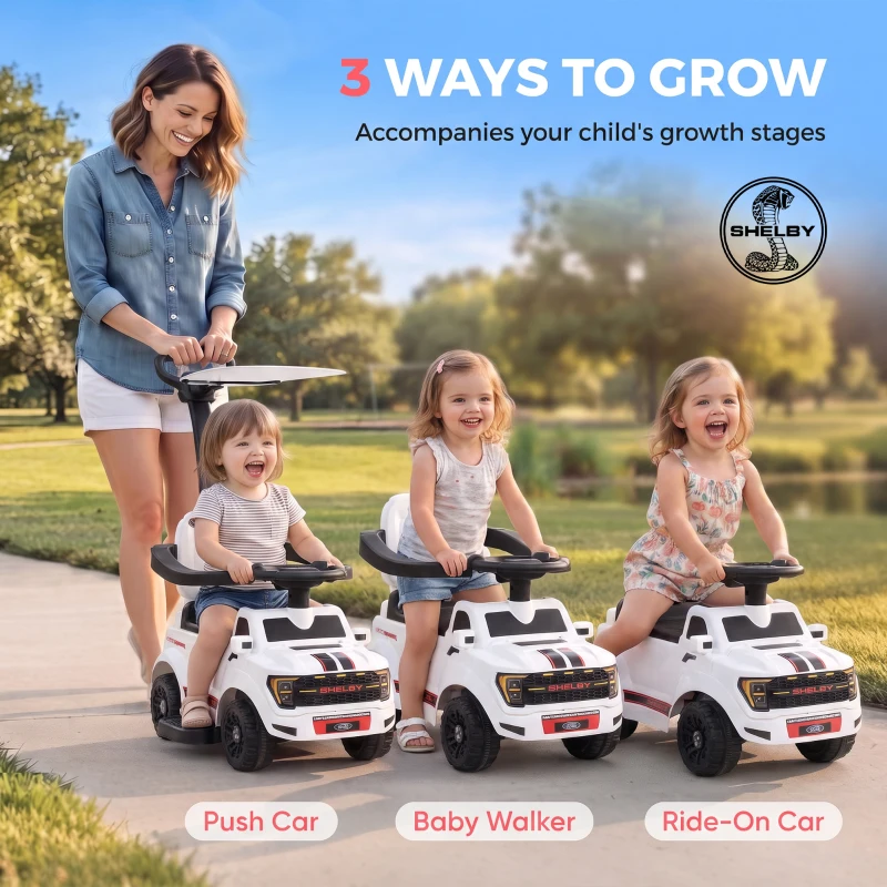 Qaba 3-in-1 Push Car for 1-3, Licensed FORD Shelby Sliding Walking Car with Parent Handle, Canopy, Guardrail, Storage, White