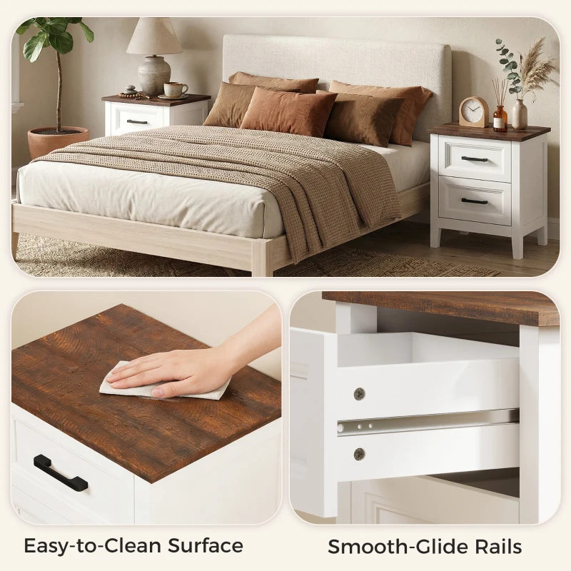 HOMCOM Farmhouse Nightstand Set of 2, Bedside Tables with 2 Drawers, Wood-Effect Top, White