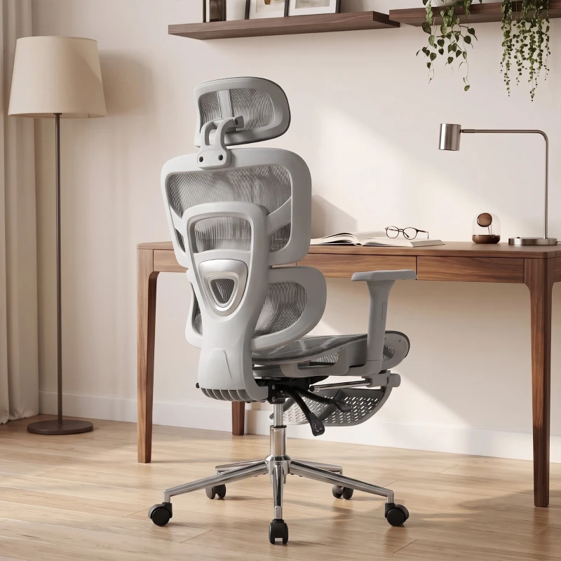 HOMCOM Ergonomic Office Chair with Lumbar Support, 2D Headrest, Mesh Reclining Desk Chair with Footrest, Swivel Wheels, Gray