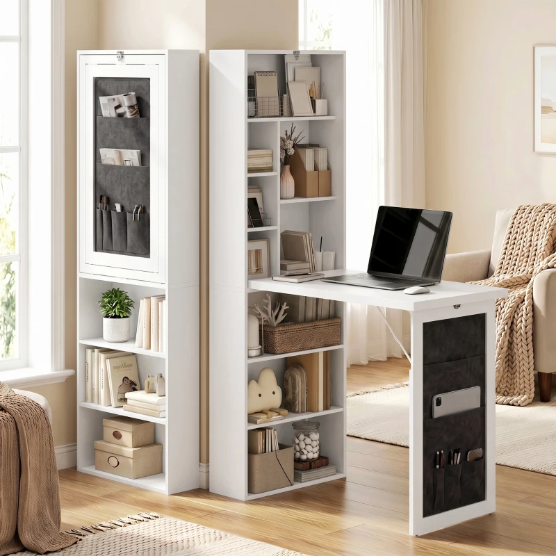 HOMCOM Fold-out Computer Desk with Storage Shelves, Bag, Wall Mount Home Office Desk, Writing Study Table with Bookshelf, White