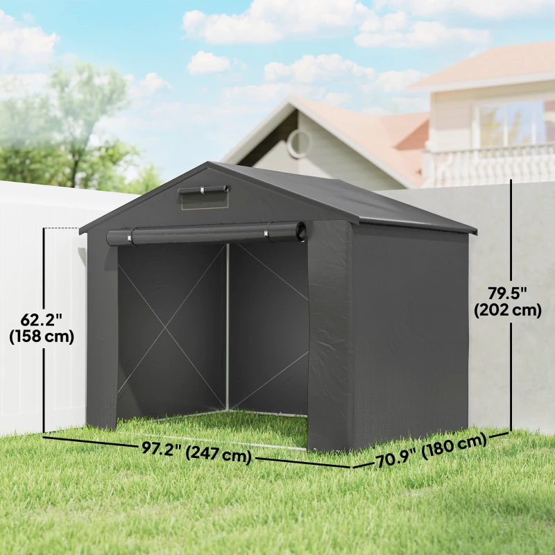 Outsunny 8' x 6' Portable Shed, Waterproof Bike Tent with Roll-up Zipper Door, Vent and Galvanised Metal Frame, Dark Grey