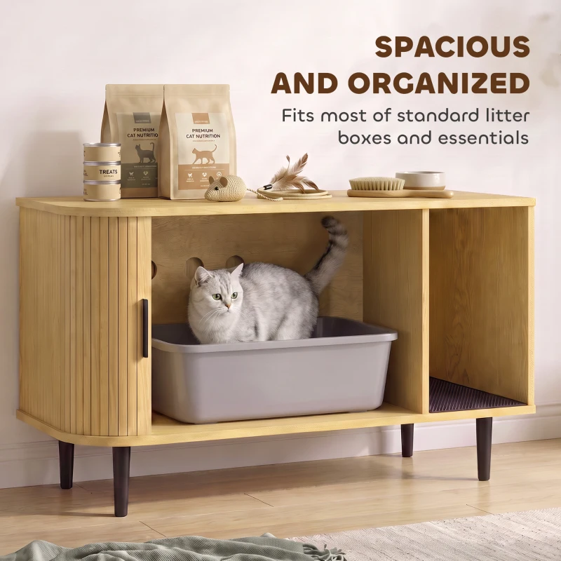 PawHut Cat Litter Box Enclosure with Sliding Door, Litter Mat, Fit Most of Litter Box, End Table, Modern Style