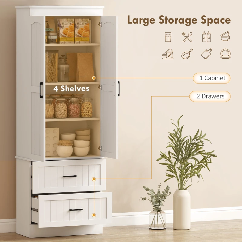 HOMCOM Tall Pantry Cabinet, 67" Kitchen Storage Cabinet with Adjustable Shelves and 2 Drawers for Kitchen, Dining Room, White
