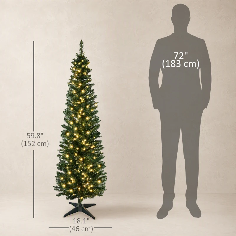 HOMCOM 7' Pre Lit Artificial Pencil Christmas Trees, Xmas Tree with Realistic Branches and Warm White LED Lights, Green