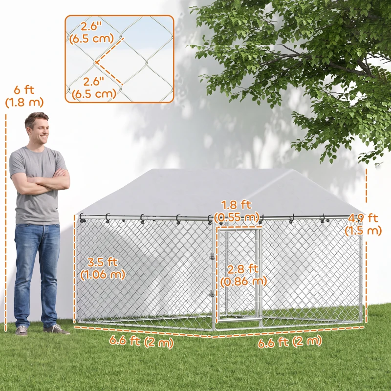 PawHut 6.6' x 6.6' x 4.9' Outdoor Dog Kennel Heavy Duty Galvanized Steel Chain Link with UV-resistant Roof, Silver