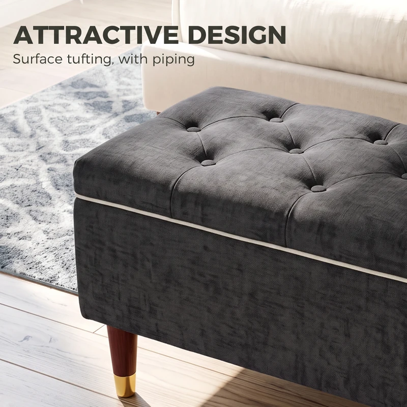 HOMCOM Storage Ottoman Bench, Linen-Look Upholstered Seat, 264 LBS Capacity, End of Bed Bench, Dark Grey