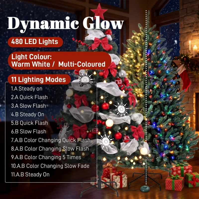 HOMCOM 5ft Prelit Christmas Tree Spruce, Remote, Hinged, Artificial Xmas Tree with 8 Modes, 450 Tips, 150 LEDs, Green Red