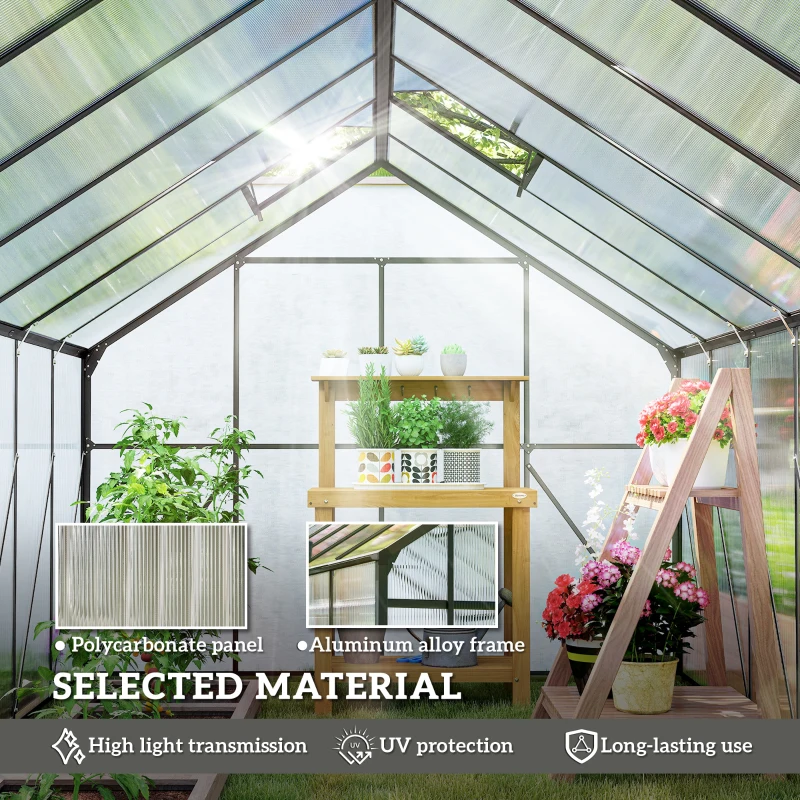 Outsunny Aluminum Greenhouse Polycarbonate Walk-in Garden Greenhouse Kit with Rain Gutter and Sliding Door, 16' x 8', Dark Grey