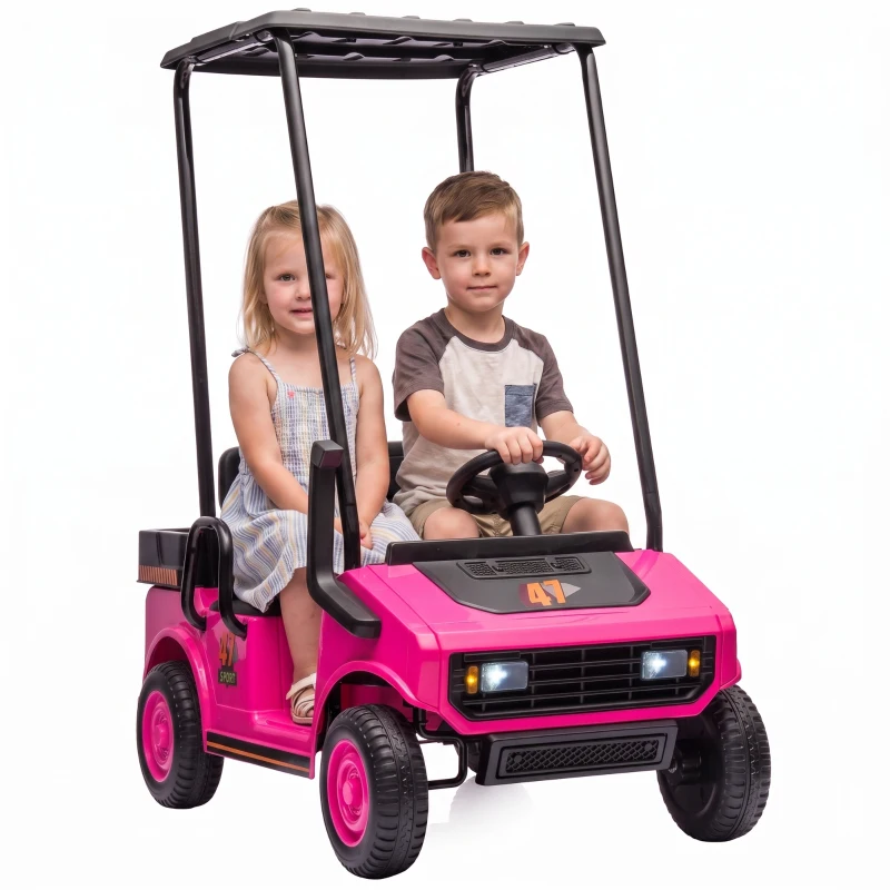 Qaba 24V Kids Golf Cart 2WD 2-Seater with Remote, Soft Start, Rear Suspension, Sunshade, Storage, Gift for 3-6 Years, Pink