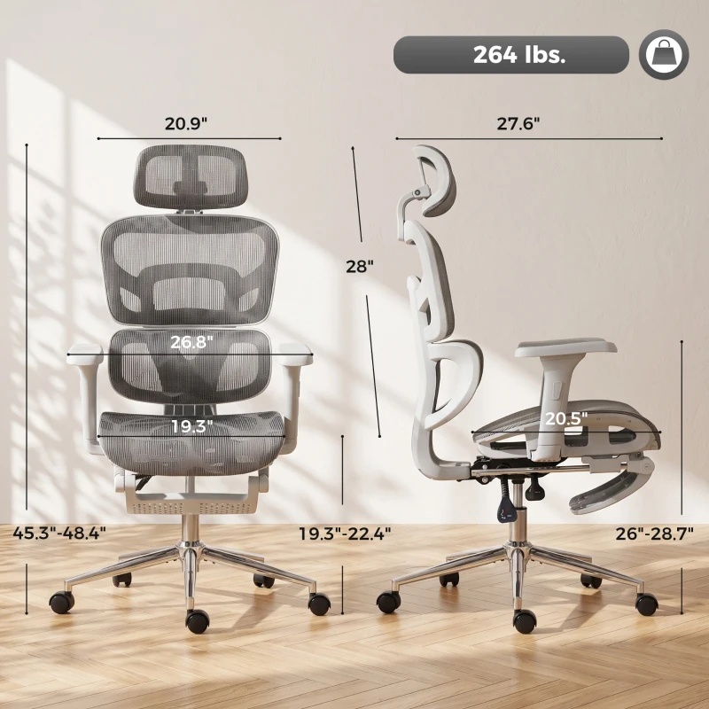 HOMCOM Ergonomic Office Chair with Lumbar Support, 2D Headrest, Mesh Reclining Desk Chair with Footrest, Swivel Wheels, Gray