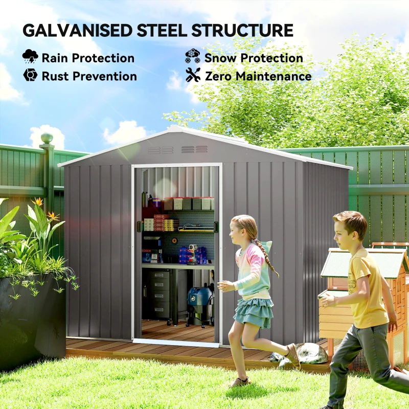 Outsunny 8' x 6' Outdoor Storage Shed, Metal Garden Tool Storage House with Lockable Sliding Doors and Vents, Light Grey