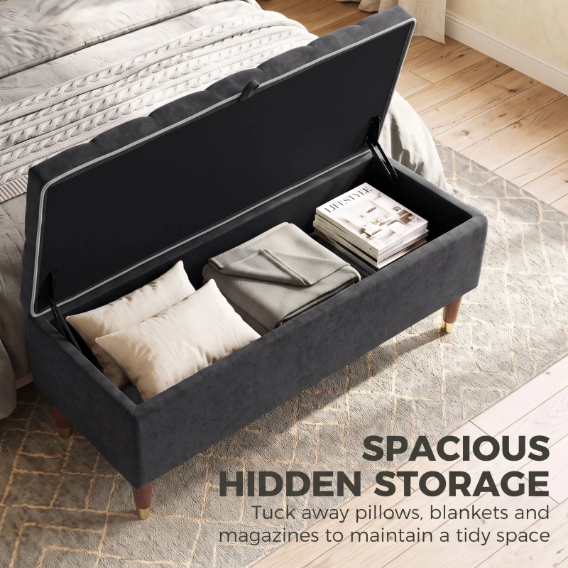 HOMCOM Storage Ottoman Bench, Linen-Look Upholstered Seat, 264 LBS Capacity, End of Bed Bench, Dark Grey