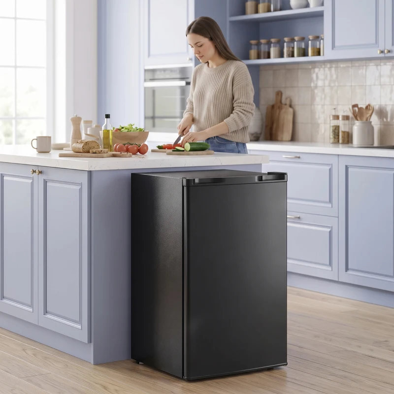 HOMCOM 3.2 Cu Ft Mini Fridge with Chiller Box, Single Door Compact Refrigerator, Adjustable Thermostat, Reversible Door, Black