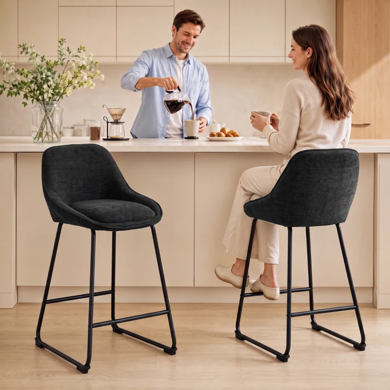 HOMCOM Bar Stools Set of 2 Chenille Barstools Counter Height Bar Chairs Backrest Footrest Black