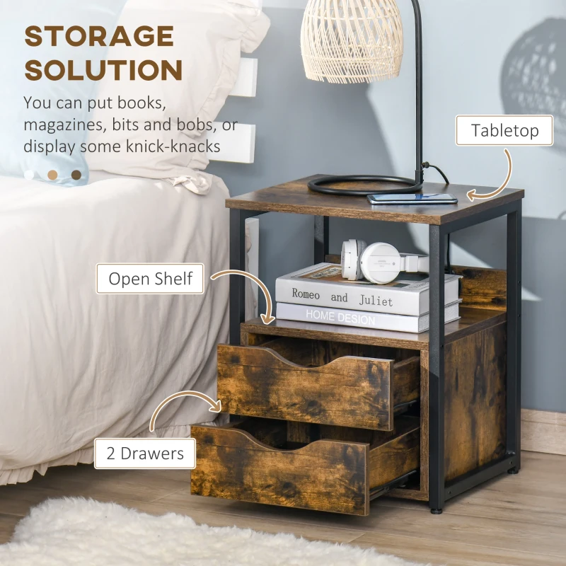 HOMCOM Industrial Side Table with 2 Drawers Accent Table Versatile Night Stand End Desk for Living Room Bedroom Rustic Brown