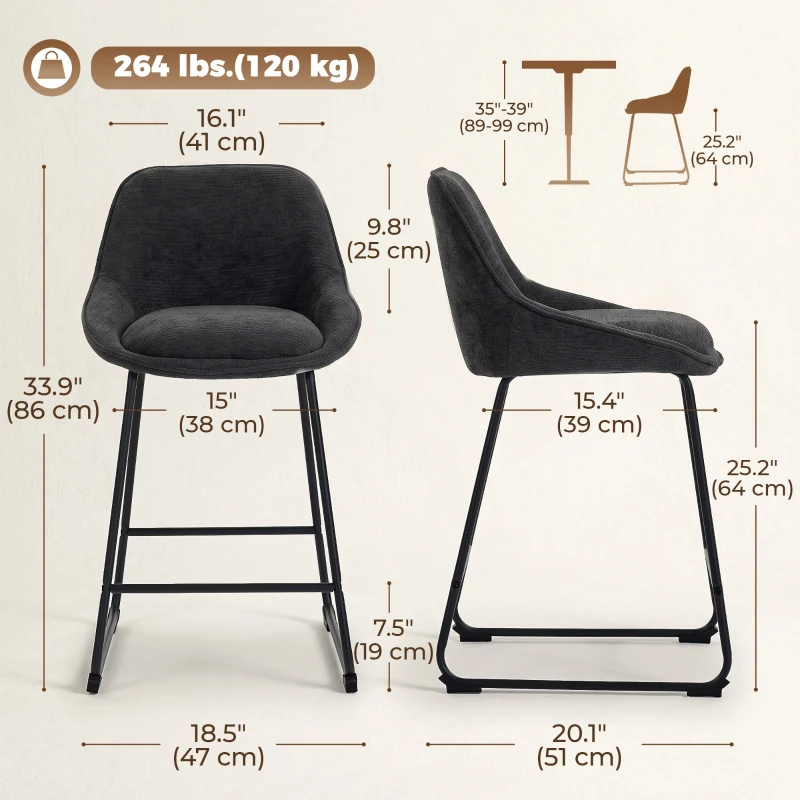 HOMCOM Bar Stools Set of 2 Chenille Barstools Counter Height Bar Chairs Backrest Footrest Black
