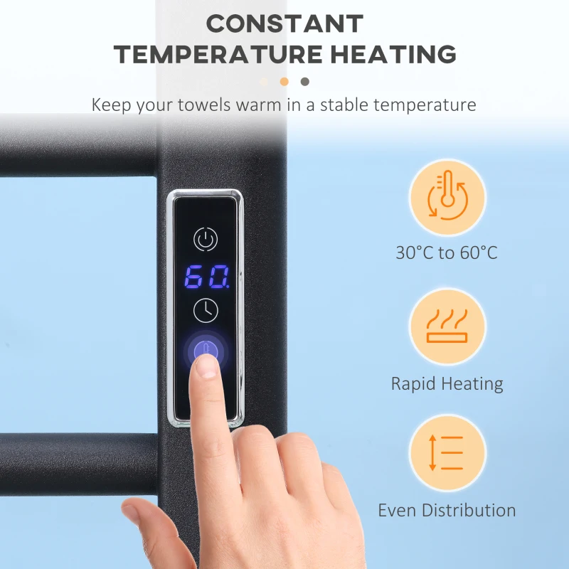 HOMCOM 8-Bar Heated Towel Warmer Rack with Built-in Timer and LED Indicators, Wall Mounted & Free Standing Carbon Steel Electric Towel Bar with Adjustable Temperature, Black