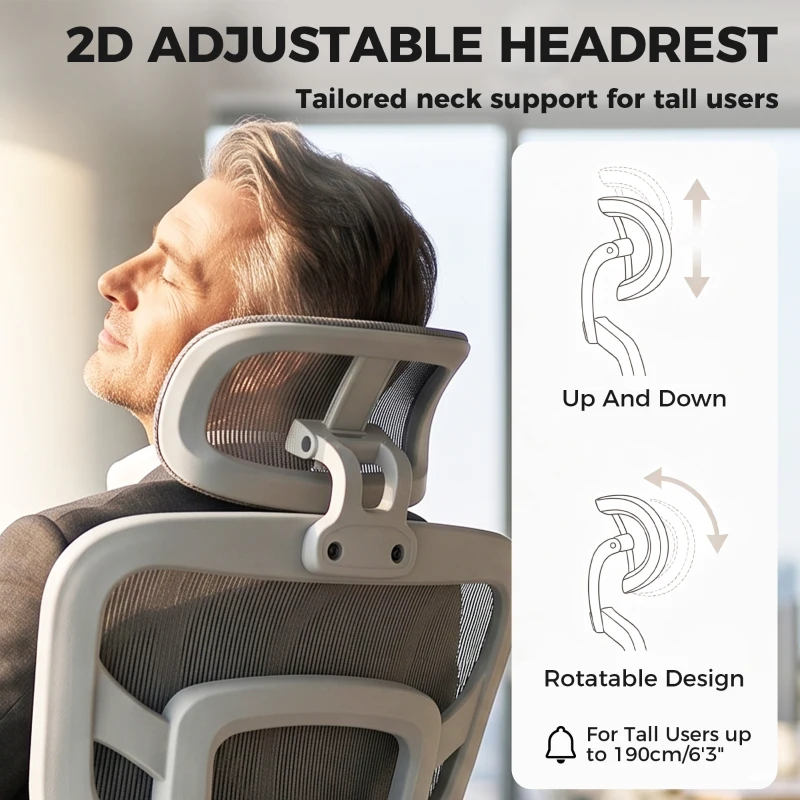 HOMCOM Ergonomic Office Chair with Lumbar Support, 2D Headrest, Mesh Reclining Desk Chair with Footrest, Swivel Wheels, Grey