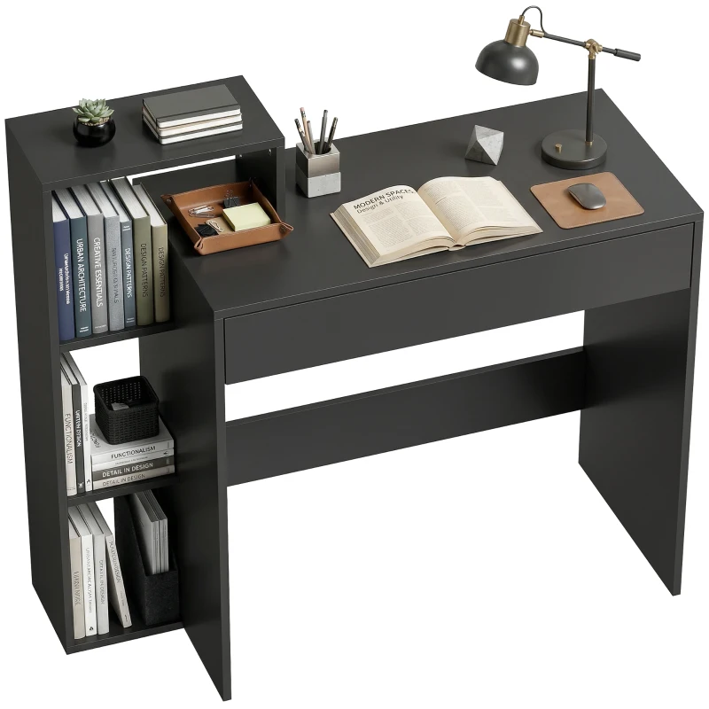 HOMCOM Desk with Storage, Computer Desk with 3 Open Shelves and Drawer Black
