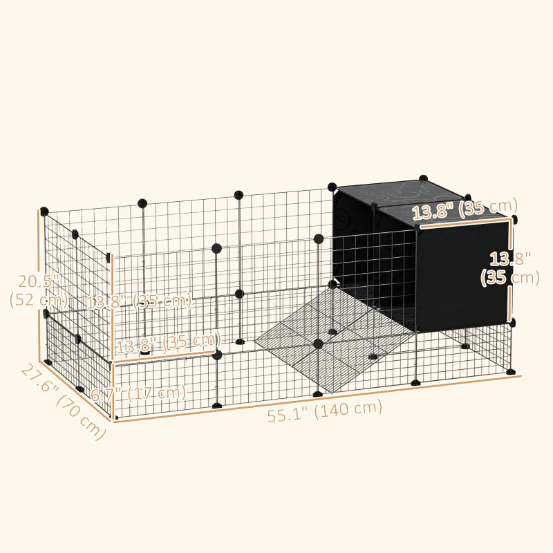 PawHut Guinea Pig Cage, Small Animal Playpen with 31 Panels, Elevated Huts, Non-Slip Mats, Black