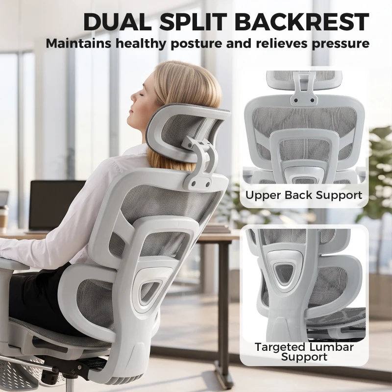 HOMCOM Ergonomic Office Chair with Lumbar Support, 2D Headrest, Mesh Reclining Desk Chair with Footrest, Swivel Wheels, Grey