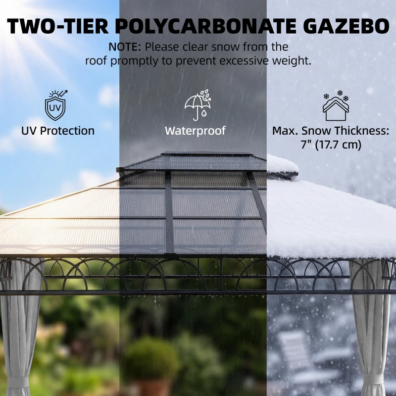 Outsunny 10' x 12' Outdoor Hardtop Gazebo Canopy w/ Double PC Roof, Steel Frame, Nettings, Curtains for Garden Lawn Deck, Grey