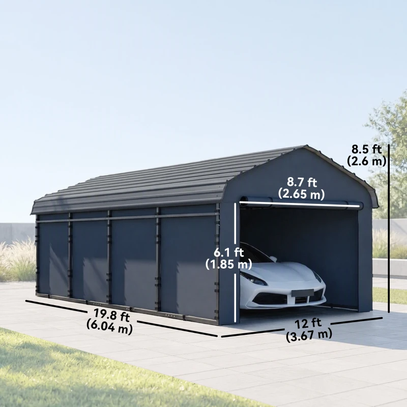 Outsunny 12' x 20' Metal Carport, Heavy Duty Garage Car Shelter with Galvanized Metal Roof and Removable Sidewalls, Dark Grey