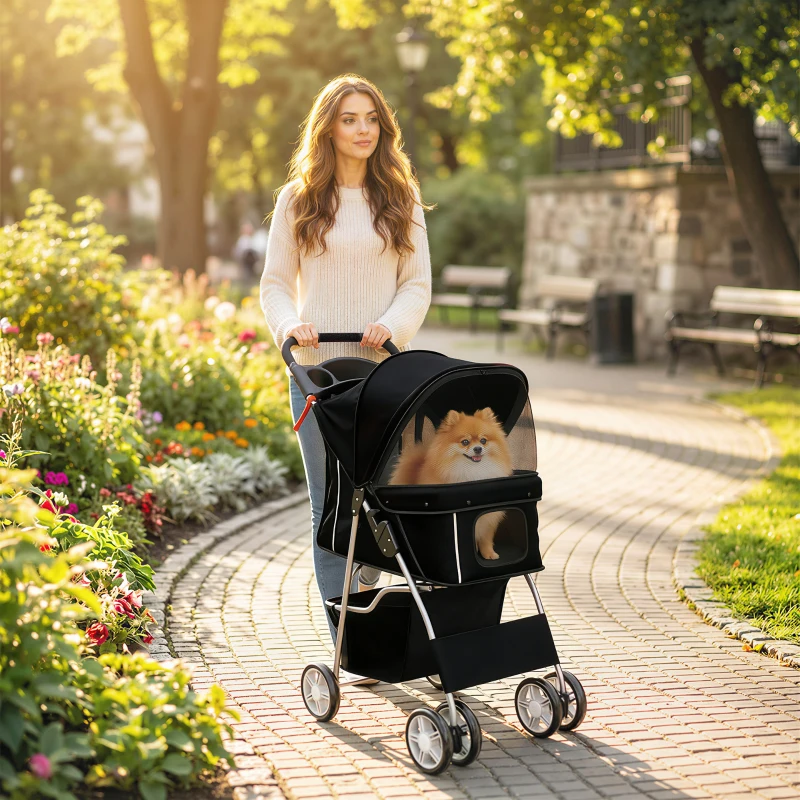 PawHut Pet Stroller with Reflective Strips, Foldable Cat Stroller with 360° Swivel Wheels for Small Dogs and Cats, Black
