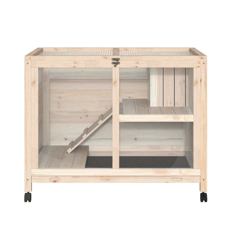 PawHut Indoor Rabbit Hutch with Wheels, Bunny Cage Guinea Pig House W/ Top Access, Ramp, Pull Out Tray, Natural Wood