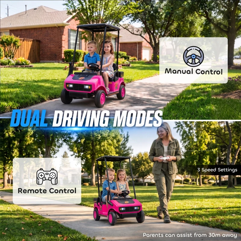 Qaba 24V Kids Golf Cart 2WD 2-Seater with Remote, Soft Start, Rear Suspension, Sunshade, Storage, Gift for 3-6 Years, Pink