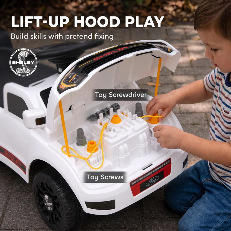 Qaba 3-in-1 Push Car for 1-3, Licensed FORD Shelby Sliding Walking Car with Parent Handle, Canopy, Guardrail, Storage, White