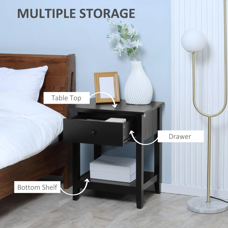 HOMCOM Modern Style Nightstand, Small End Table with Drawer and Storage Shelf for Bedroom, Living Room, Black