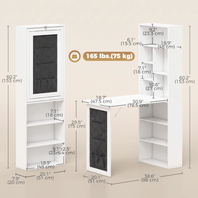HOMCOM Fold-out Computer Desk with Storage Shelves, Bag, Wall Mount Home Office Desk, Writing Study Table with Bookshelf, White
