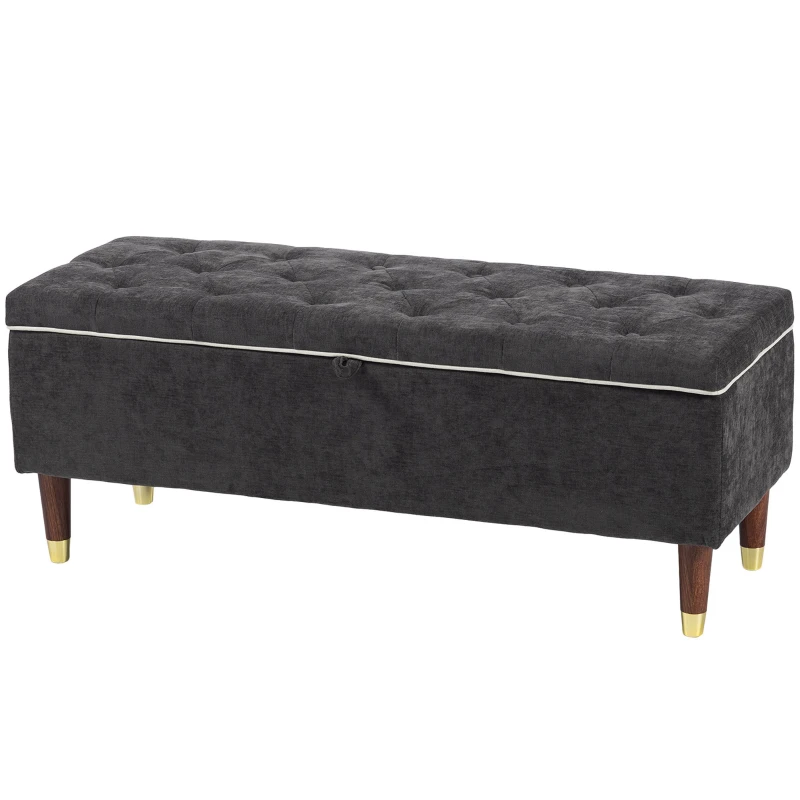 HOMCOM Storage Ottoman Bench, Linen-Look Upholstered Seat, 264 LBS Capacity, End of Bed Bench, Dark Grey