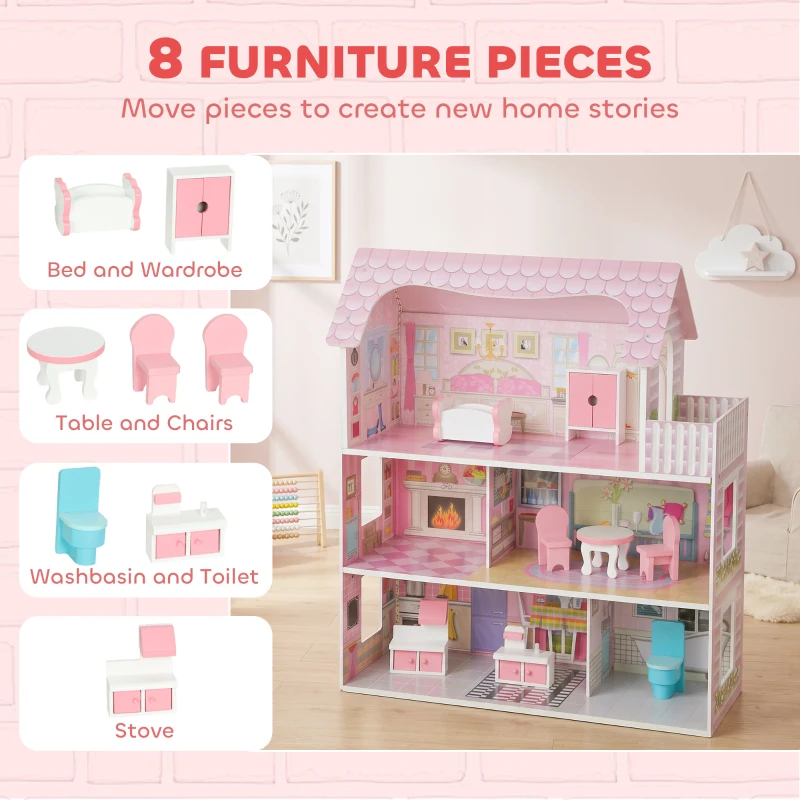 Qaba Dollhouse with 8 PCS Accessories, Dreamhouse Villa with LED Light, 3-Story Doll House with 6 Rooms for Girls 3-6 Years