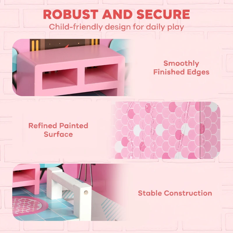 Qaba Wooden Doll House, Large 3-Storey Modern Dollhouse with 6 Rooms and 10 Accessories, for Girls Boys 3-6 Years, Pink