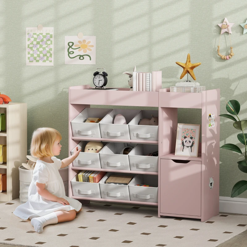 Qaba Toy Storage Organizer with 9 Non-Woven Fabric Boxes, Storage Cabinet & Shelves, for Kids Room, Nursery, Playroom Pink