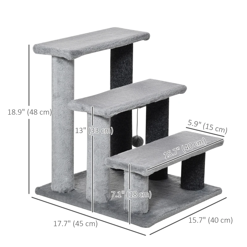 PawHut Cat Stairs for Bed, Couch 3 Steps, Small Cat Tree for Indoor Cats with Scratching Posts Toy Ball, 17.5" x 15.5" x 19"